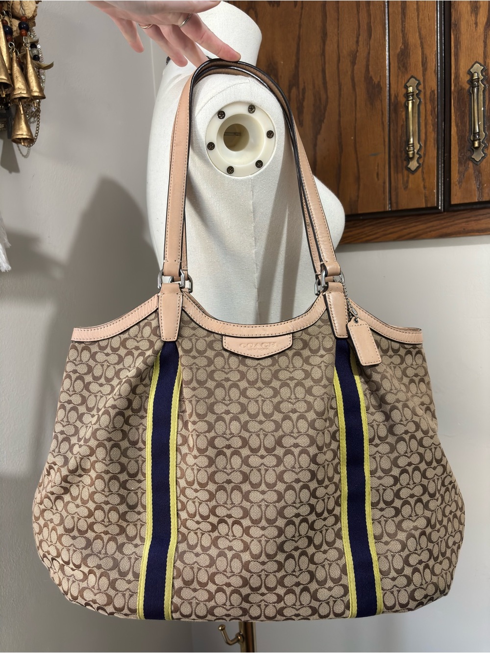 Coach Slouchy Brown Canvas Hobo Tote Purse Leather Trim Navy Yellow Stripes - Picture 15 of 16